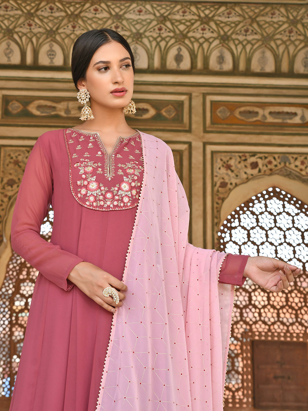 Janasya Women's Old Rose Georgette Embroidered Kurta With Dupatta - Distacart