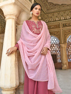 Janasya Women's Old Rose Georgette Embroidered Kurta With Dupatta - Distacart