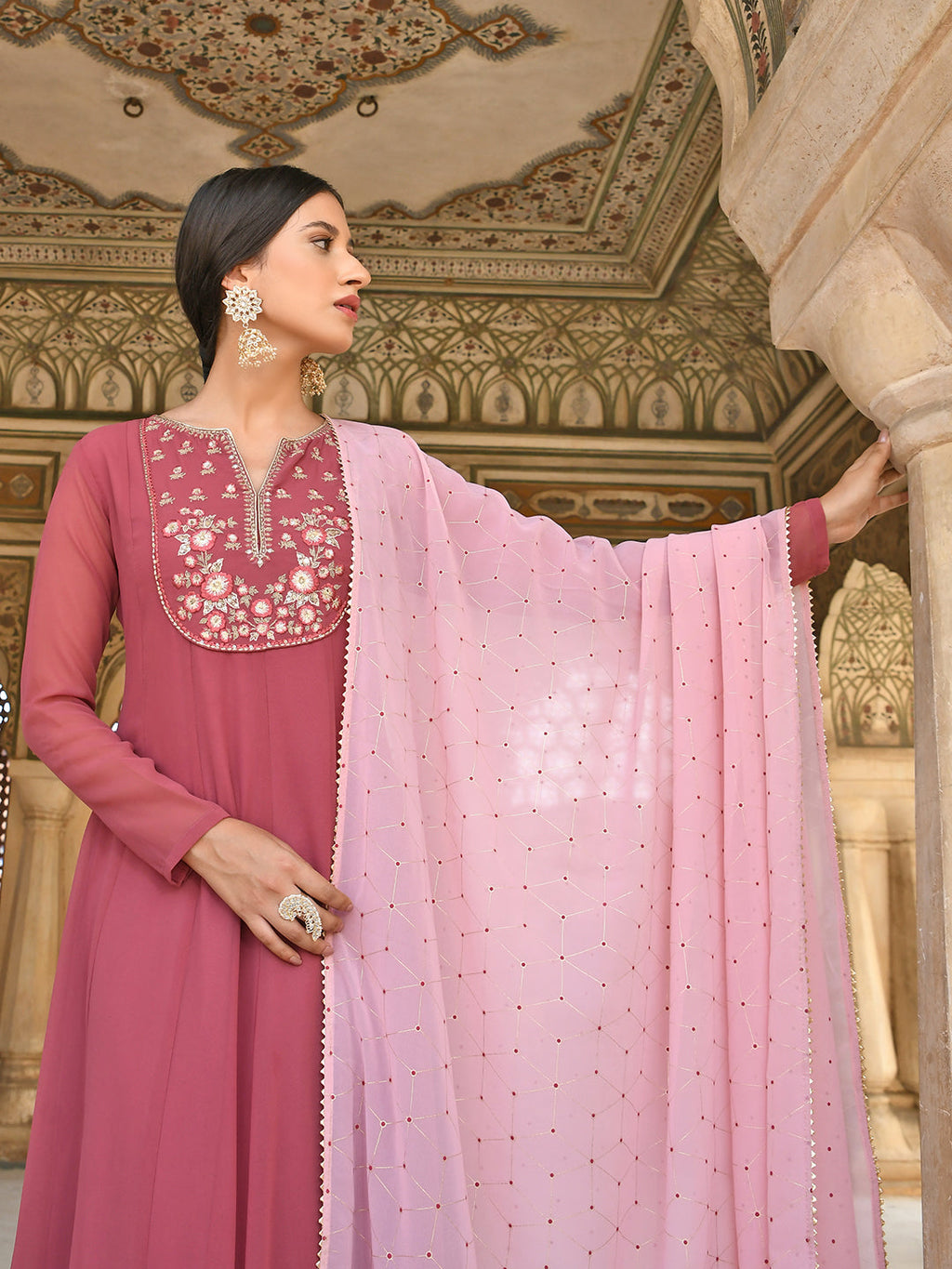 Janasya Women's Old Rose Georgette Embroidered Kurta With Dupatta - Distacart