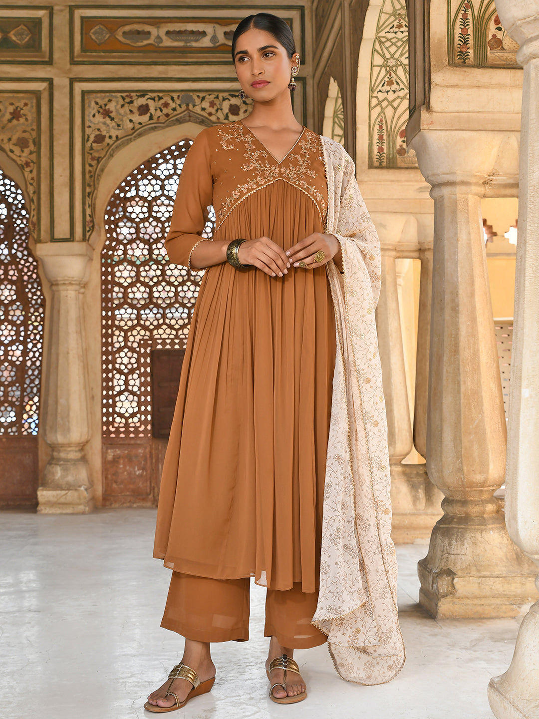 Janasya Women's Brown Georgette Floral Embroidery Kurta With Palazzo And Dupatta - Distacart