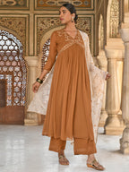 Janasya Women's Brown Georgette Floral Embroidery Kurta With Palazzo And Dupatta - Distacart