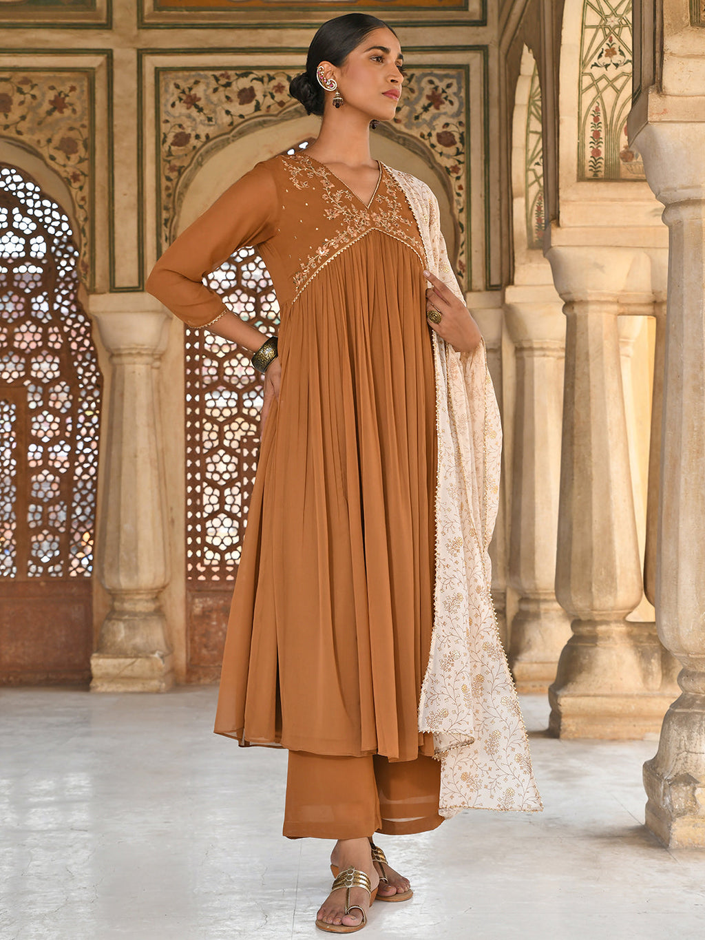 Janasya Women's Brown Georgette Floral Embroidery Kurta With Palazzo And Dupatta - Distacart