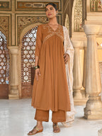 Janasya Women's Brown Georgette Floral Embroidery Kurta With Palazzo And Dupatta - Distacart