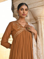 Janasya Women's Brown Georgette Floral Embroidery Kurta With Palazzo And Dupatta - Distacart