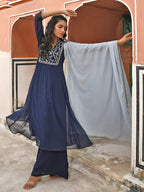Janasya Women's Navy Blue Georgette Embroidered Kurta With Flared Palazzo And Dupatta - Distacart