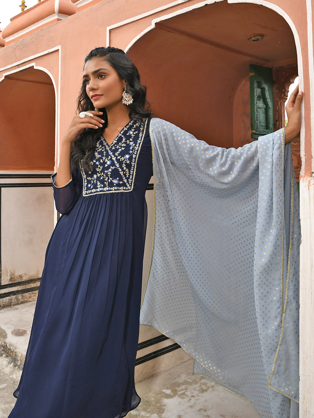 Janasya Women's Navy Blue Georgette Embroidered Kurta With Flared Palazzo And Dupatta - Distacart