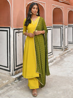 Janasya Women's Yellow Georgette Solid Kurta With Palazzo And Dupatta - Distacart