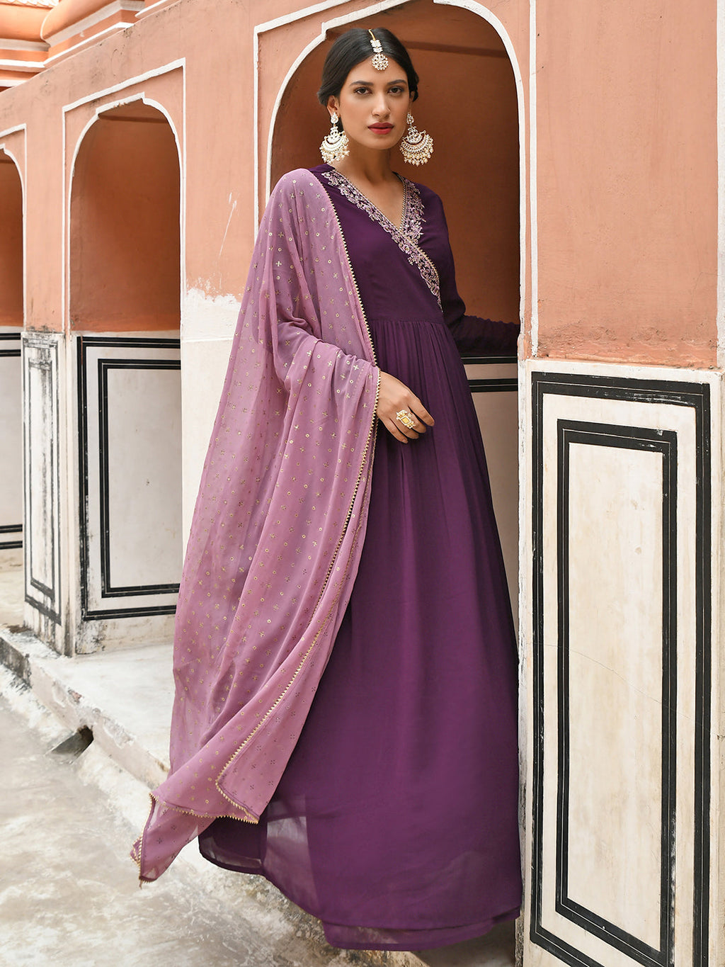 Janasya Women's Wine Georgette Solid Kurta With Dupatta - Distacart