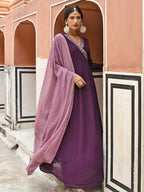 Janasya Women's Wine Georgette Solid Kurta With Dupatta - Distacart