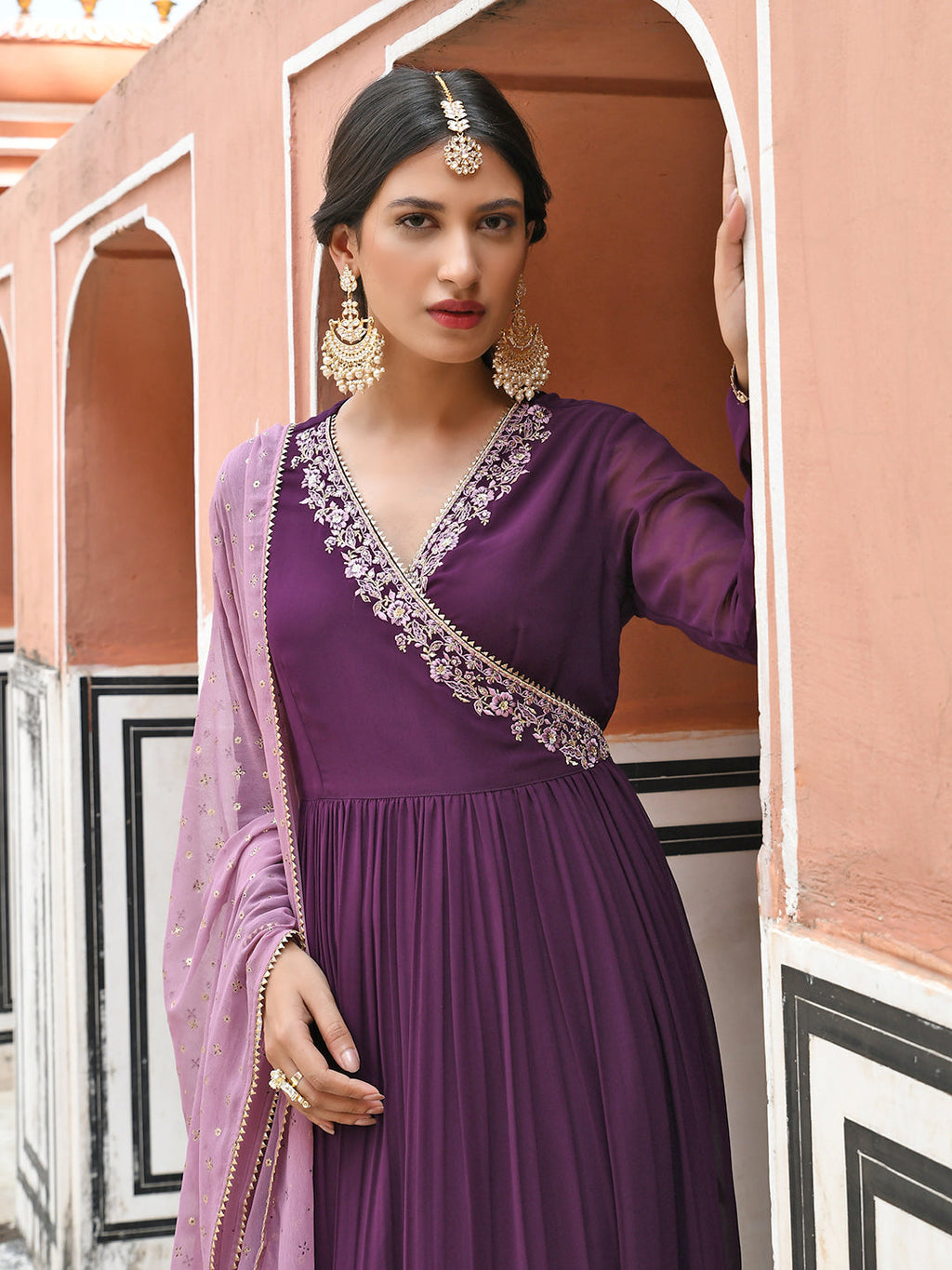 Janasya Women's Wine Georgette Solid Kurta With Dupatta - Distacart