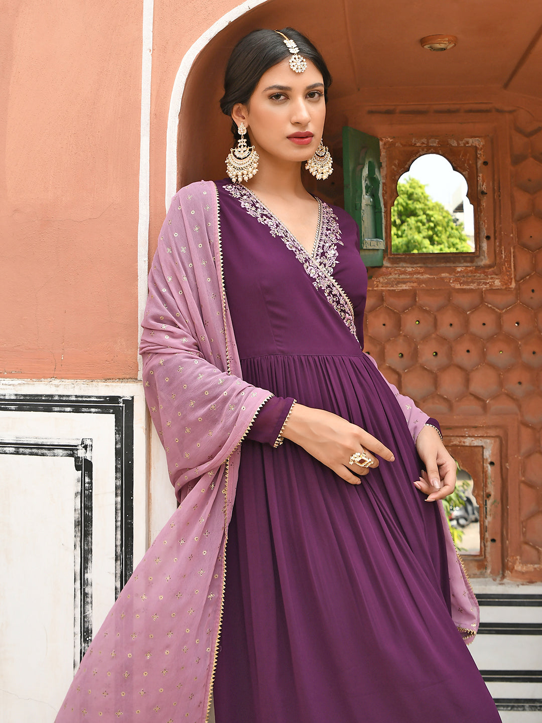 Janasya Women's Wine Georgette Solid Kurta With Dupatta - Distacart