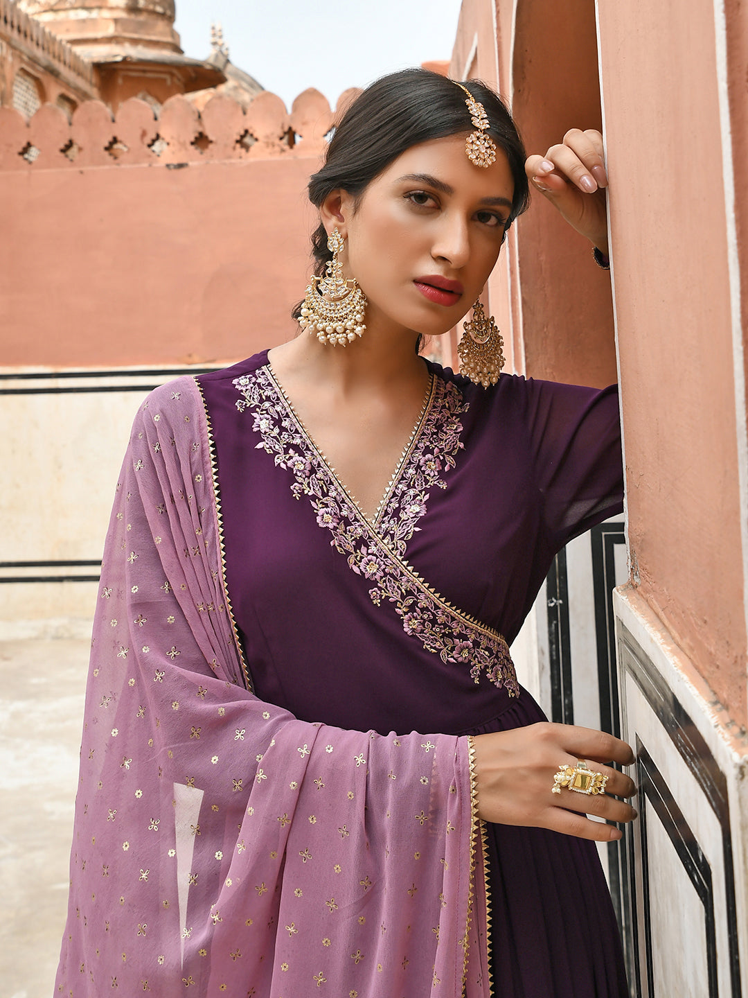 Janasya Women's Wine Georgette Solid Kurta With Dupatta - Distacart