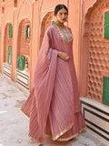 Janasya Women's Old Rose Chinon Embroidered Kurta With Skirt And Dupatta - Distacart