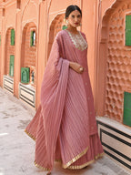 Janasya Women's Old Rose Chinon Embroidered Kurta With Skirt And Dupatta - Distacart