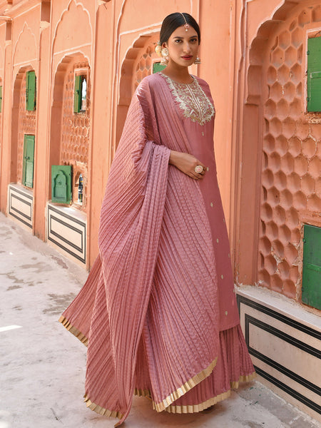Janasya Women's Old Rose Chinon Embroidered Kurta With Skirt And Dupatta