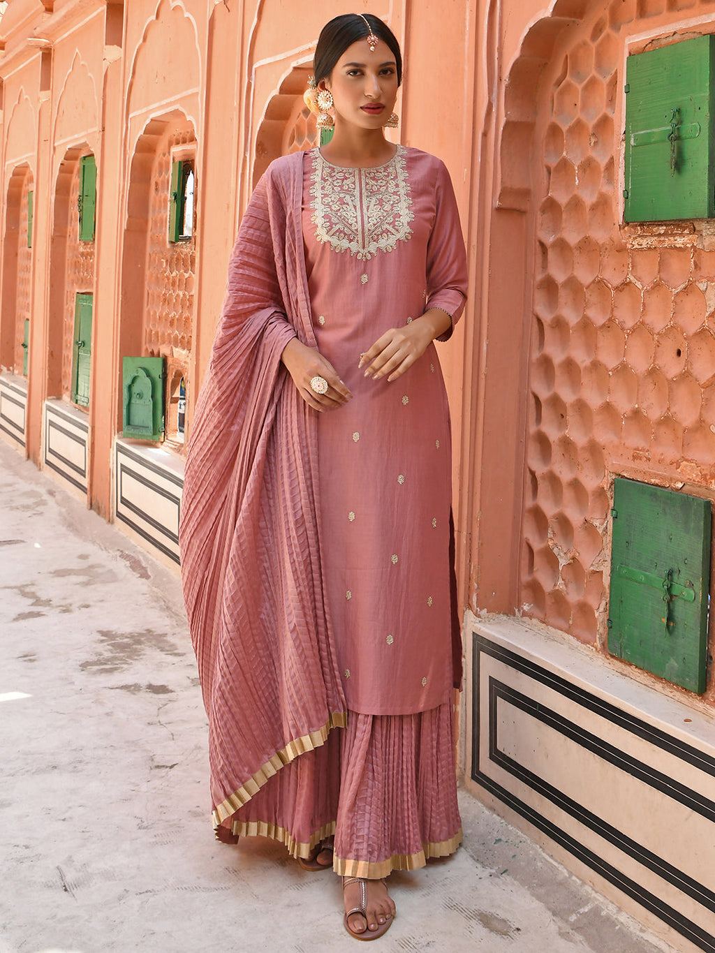 Janasya Women's Old Rose Chinon Embroidered Kurta With Skirt And Dupatta - Distacart