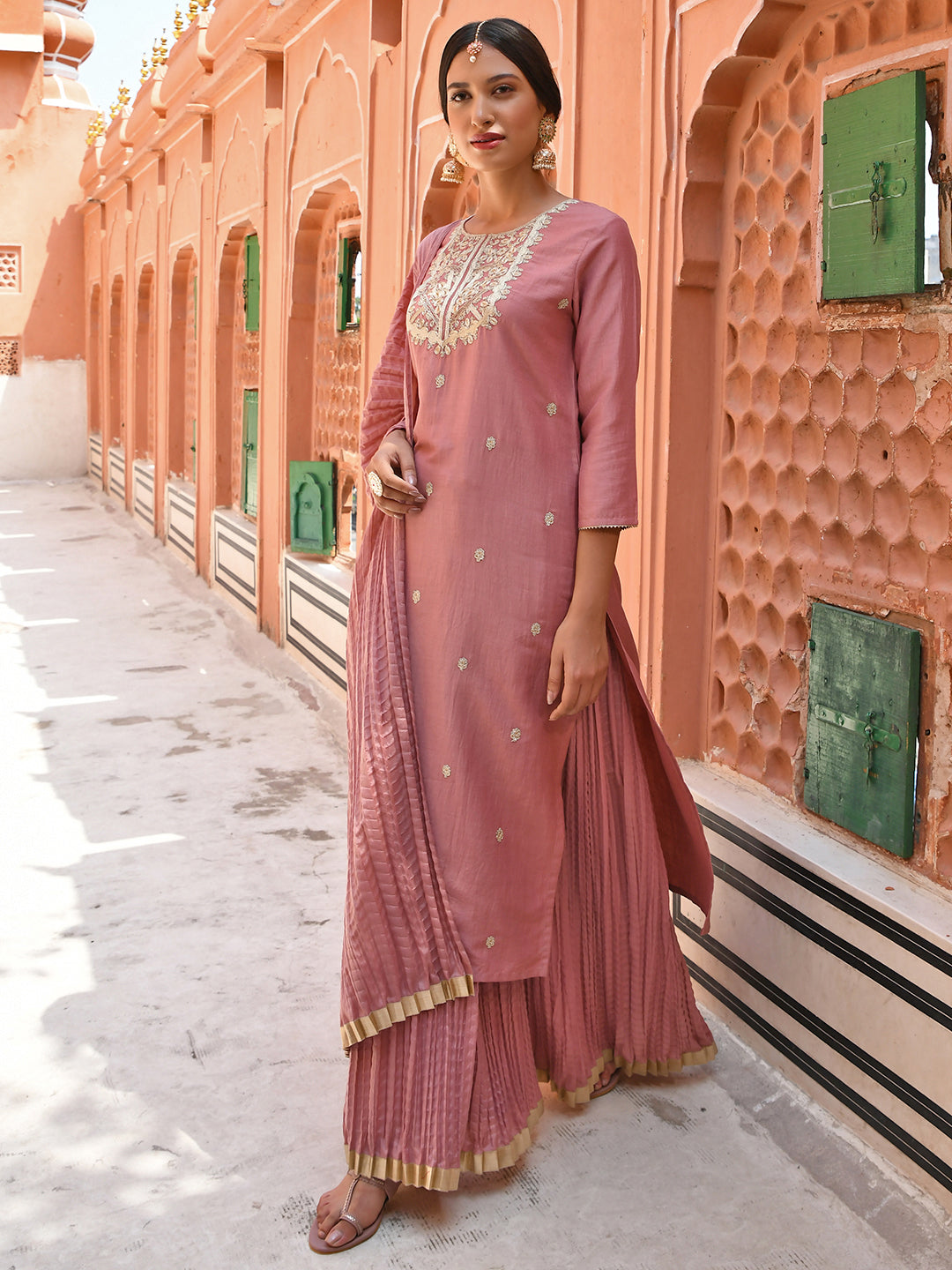 Janasya Women's Old Rose Chinon Embroidered Kurta With Skirt And Dupatta - Distacart