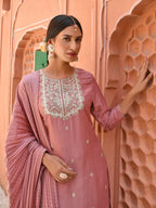 Janasya Women's Old Rose Chinon Embroidered Kurta With Skirt And Dupatta - Distacart