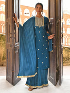 Janasya Women's Teal Blue Chinon Embroidered Kurta With Skirt And Dupatta - Distacart