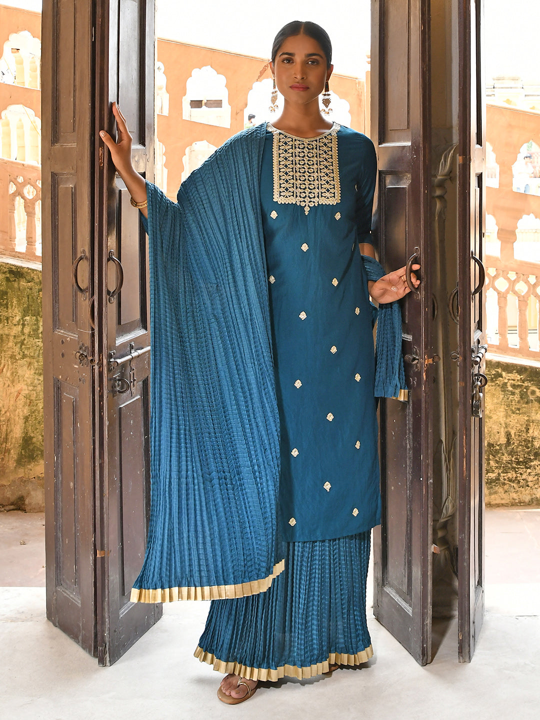 Janasya Women's Teal Blue Chinon Embroidered Kurta With Skirt And Dupatta - Distacart