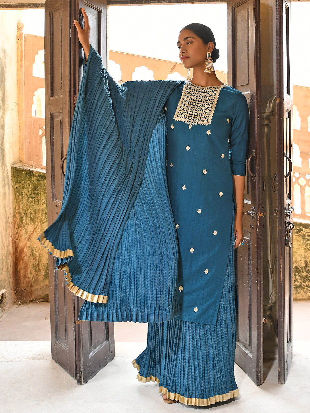 Janasya Women's Teal Blue Chinon Embroidered Kurta With Skirt And Dupatta - Distacart