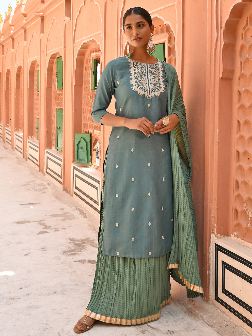 Janasya Women's Green Chinon Embroidered Kurta With Skirt And Dupatta - Distacart