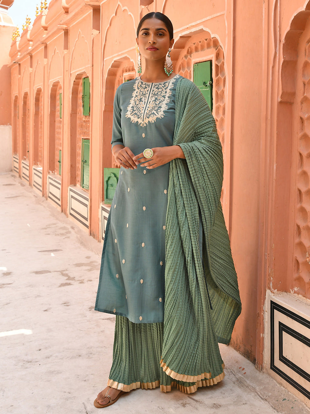 Janasya Women's Green Chinon Embroidered Kurta With Skirt And Dupatta - Distacart