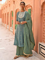 Janasya Women's Green Chinon Embroidered Kurta With Skirt And Dupatta - Distacart