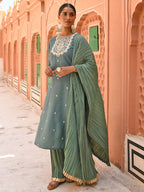 Janasya Women's Green Chinon Embroidered Kurta With Skirt And Dupatta - Distacart