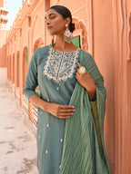 Janasya Women's Green Chinon Embroidered Kurta With Skirt And Dupatta - Distacart