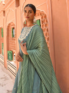 Janasya Women's Green Chinon Embroidered Kurta With Skirt And Dupatta - Distacart
