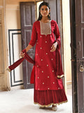 Janasya Women's Maroon Chinon Embroidered Kurta With Skirt And Dupatta - Distacart