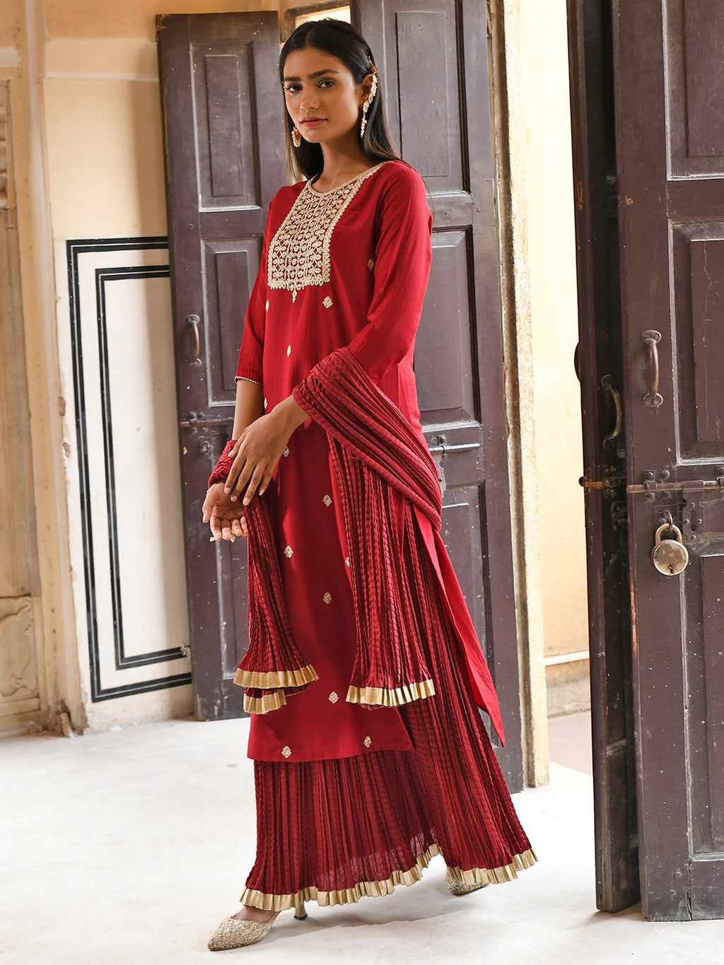 Janasya Women's Maroon Chinon Embroidered Kurta With Skirt And Dupatta - Distacart