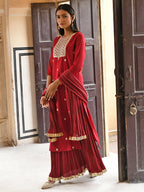 Janasya Women's Maroon Chinon Embroidered Kurta With Skirt And Dupatta - Distacart