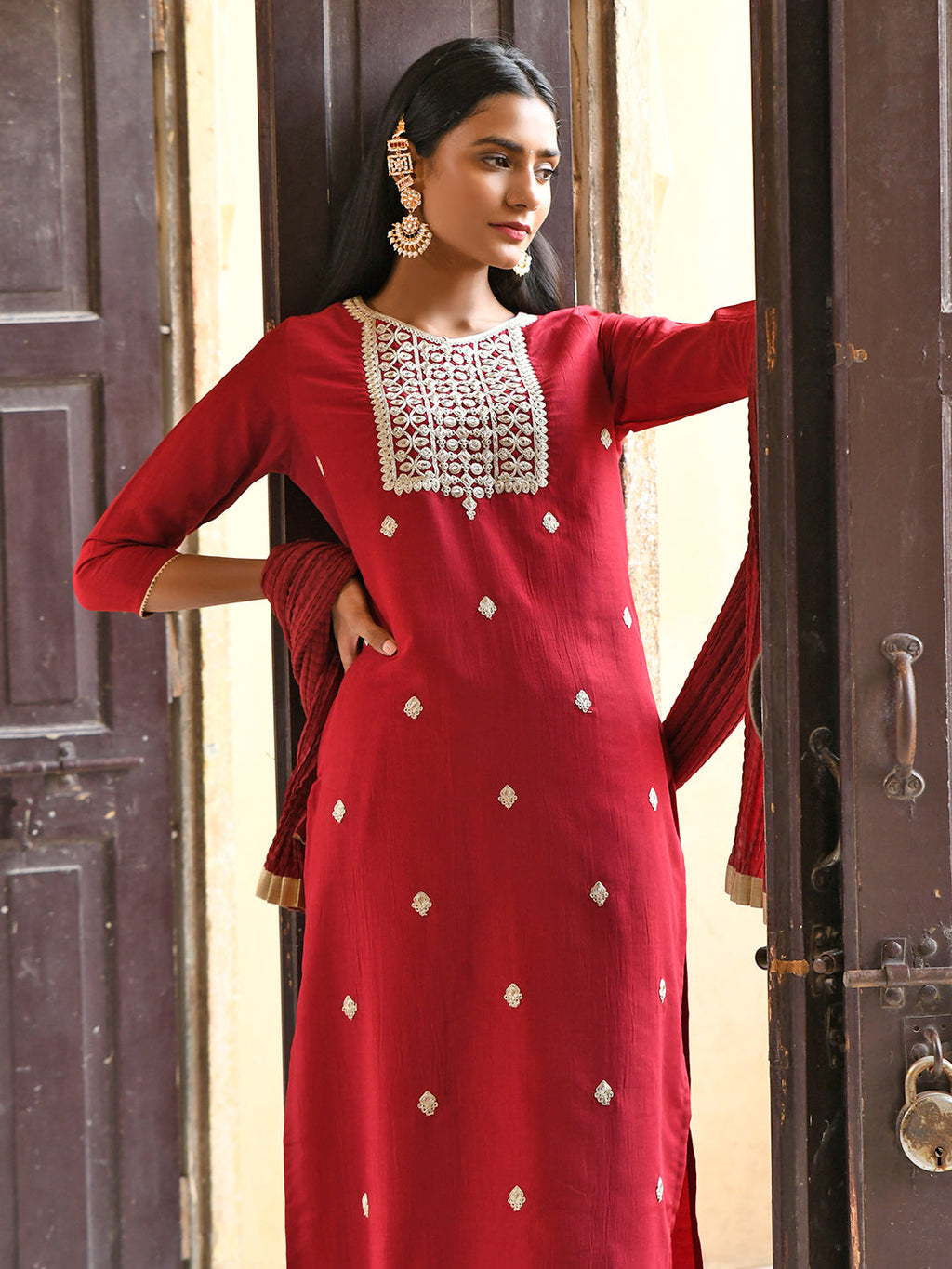 Janasya Women's Maroon Chinon Embroidered Kurta With Skirt And Dupatta - Distacart