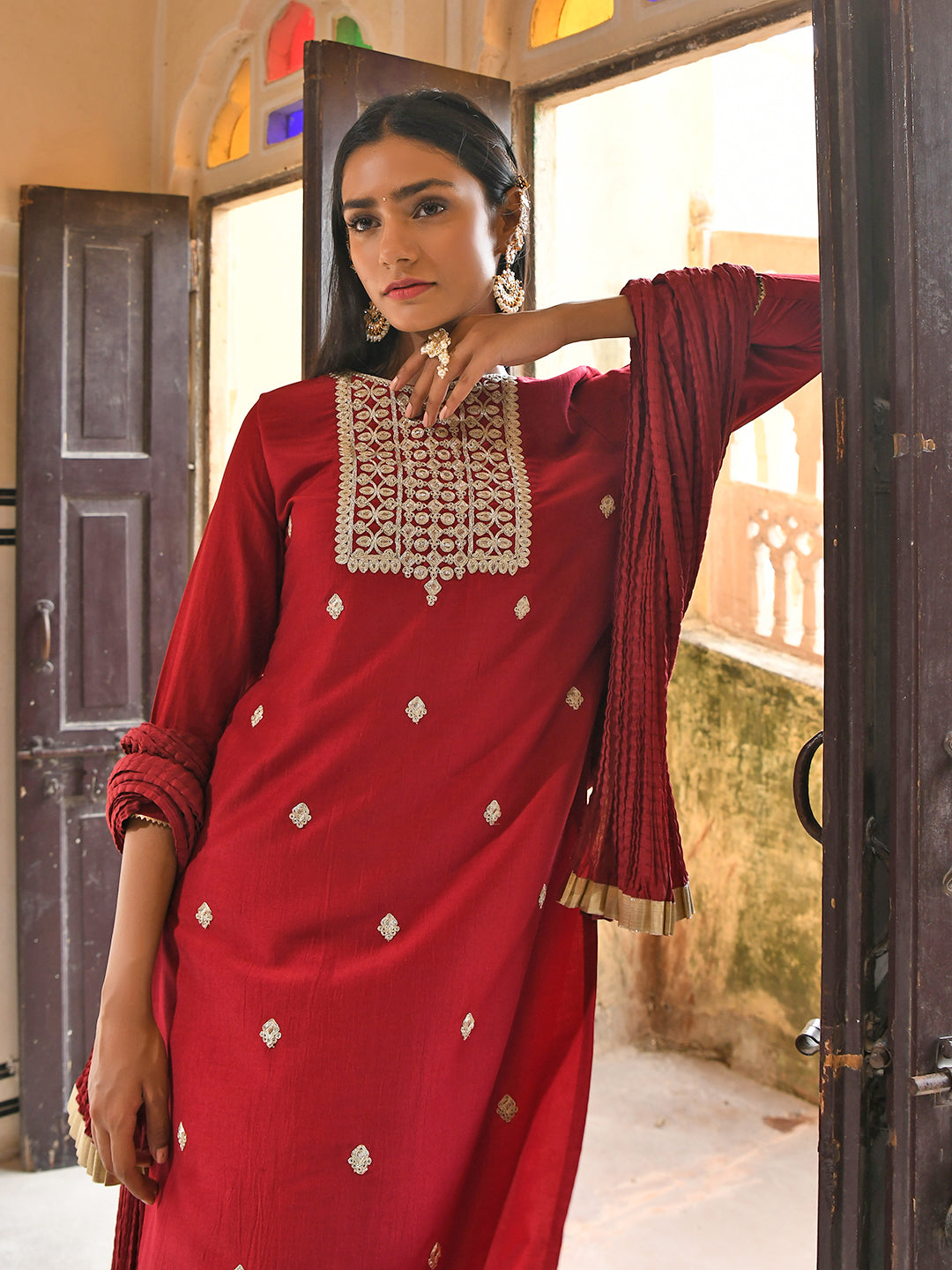 Janasya Women's Maroon Chinon Embroidered Kurta With Skirt And Dupatta - Distacart