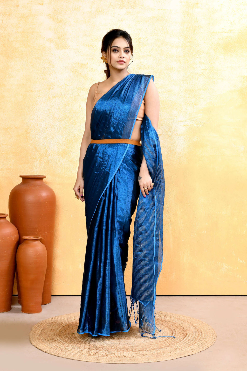 Piyari Fashion Women's Blue Dual Tone Organic Tissue Saree With Blouse Piece - Distacart