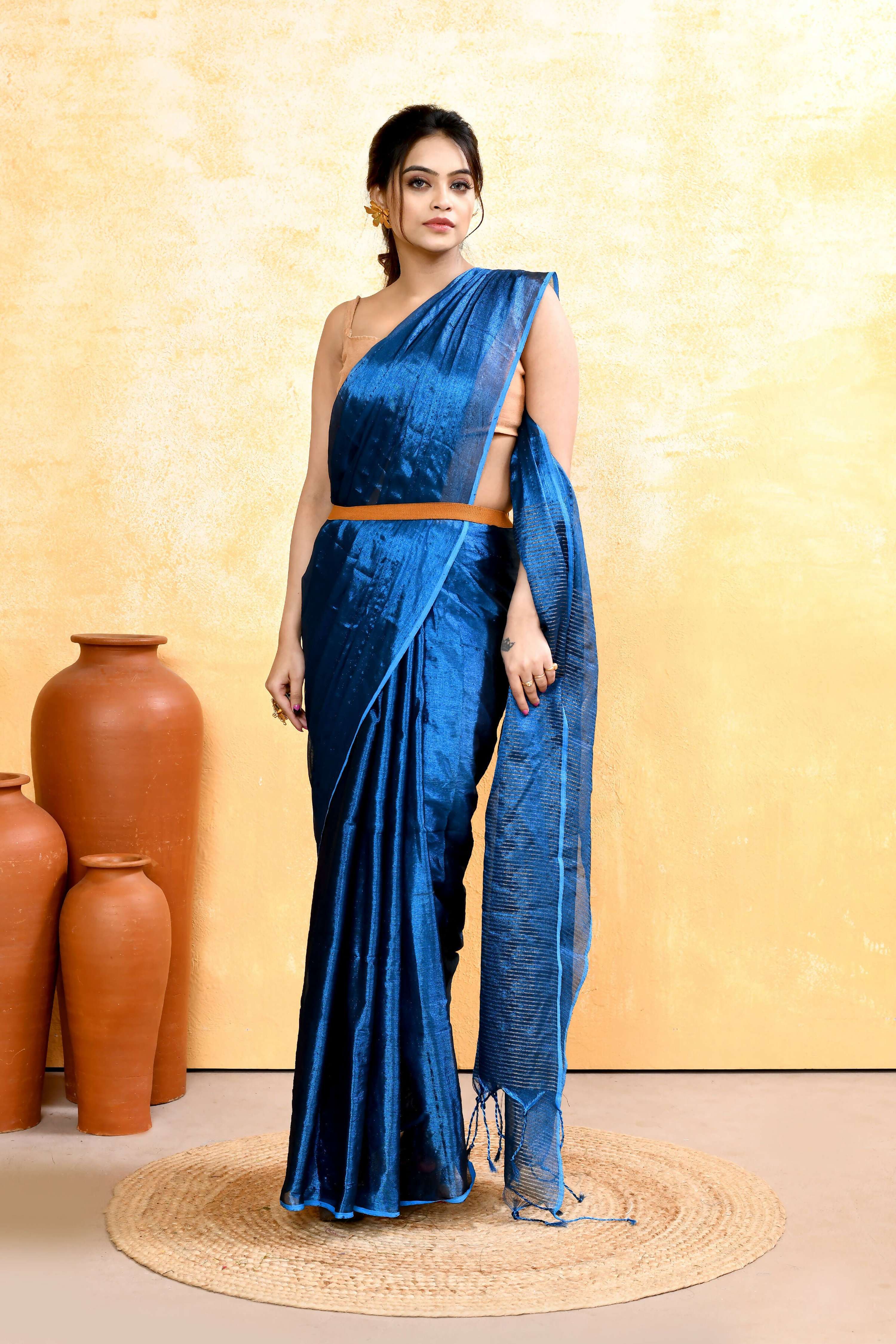 Piyari Fashion Women's Blue Dual Tone Organic Tissue Saree With Blouse Piece - Distacart