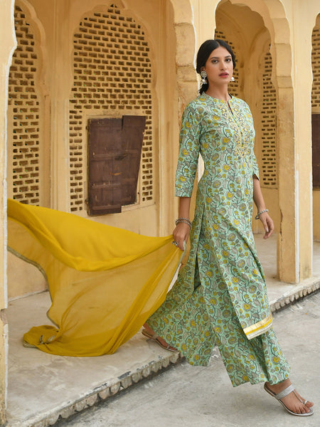 Janasya Women's Light Green Cotton Floral Print Kurta With Flared Palazzo And Dupatta