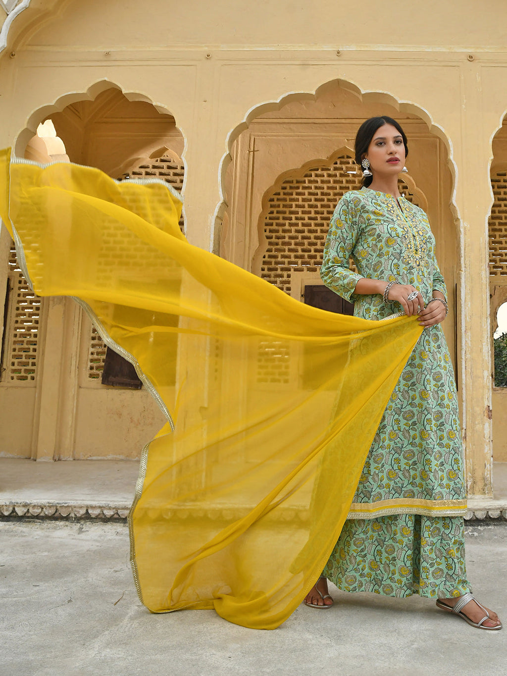 Janasya Women's Light Green Cotton Floral Print Kurta With Flared Palazzo And Dupatta - Distacart