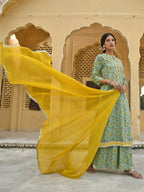Janasya Women's Light Green Cotton Floral Print Kurta With Flared Palazzo And Dupatta - Distacart