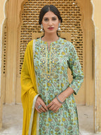 Janasya Women's Light Green Cotton Floral Print Kurta With Flared Palazzo And Dupatta - Distacart