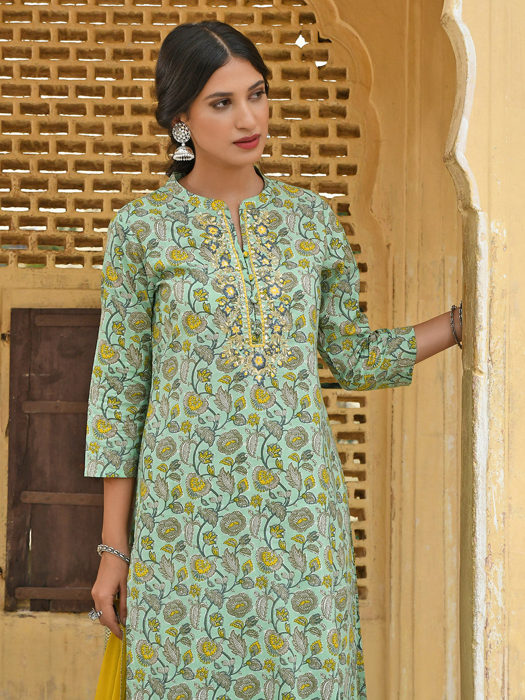 Janasya Women's Light Green Cotton Floral Print Kurta With Flared Palazzo And Dupatta - Distacart