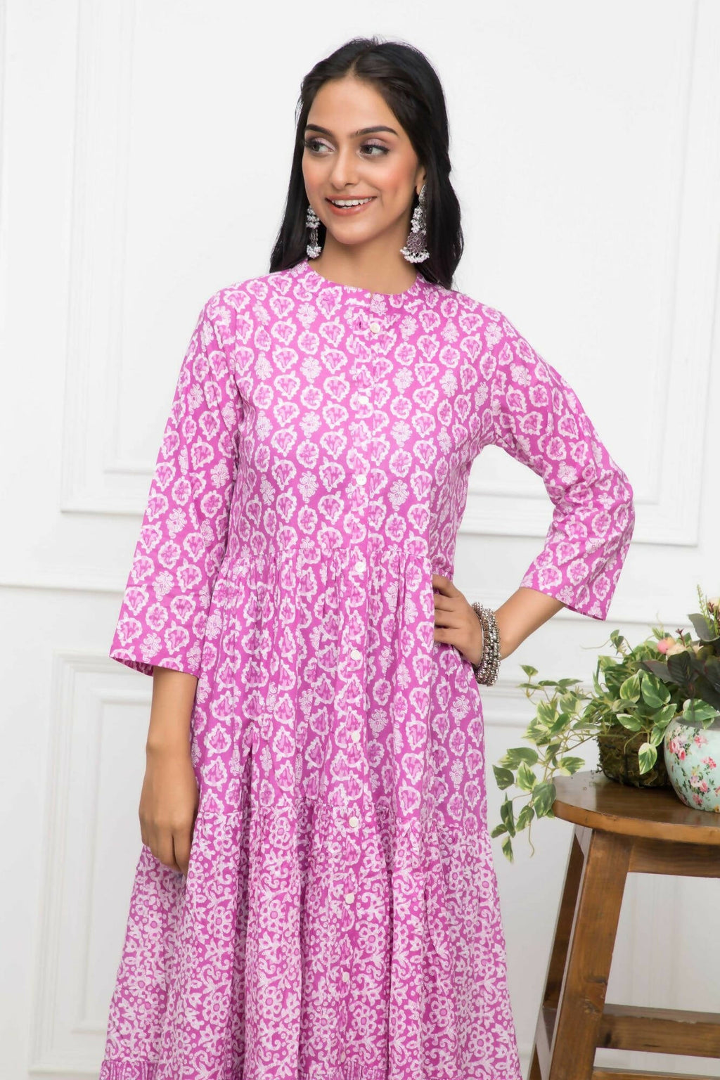 Myshka Women Pink Floral Cotton A-Line Mandarin Collar Long Dress - Distacart