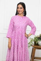 Myshka Women Pink Floral Cotton A-Line Mandarin Collar Long Dress - Distacart