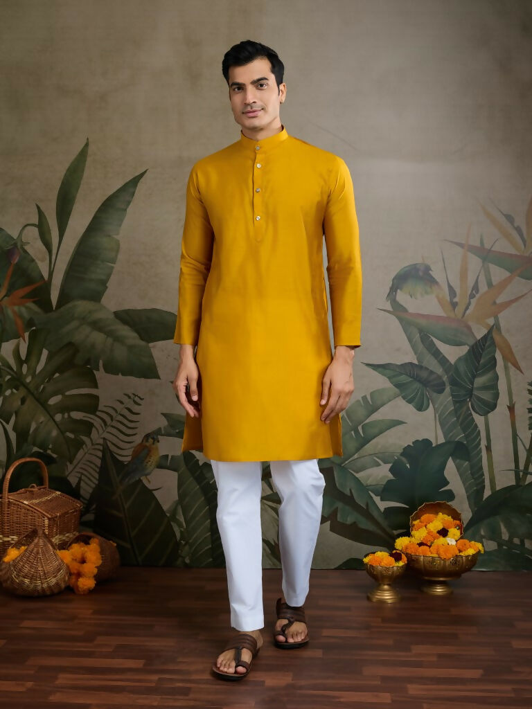 Vastranavya Yellow Exclusive Festival Viscose Silk Thread & Swarovski Embroidered Work Mens Wear Kurta & Koti