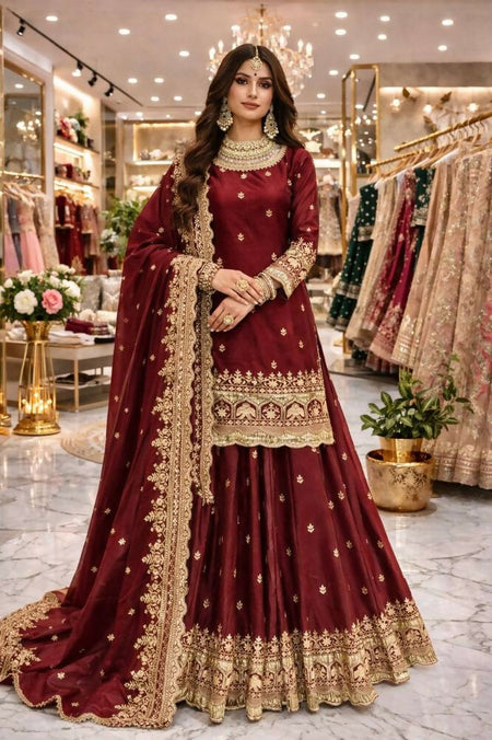 Teeya Creation Maroon Color Fendy Satin Heavy Embroidery Work Wedding Wear Stitched Lehenga Choli