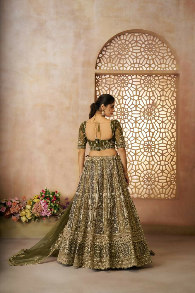 Kesar Fab Mehendi Net Hand_Woven Lehenga