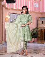 Juniper Women's Green Floral Printed Chanderi Kurta Set With Buttons & Sequins
