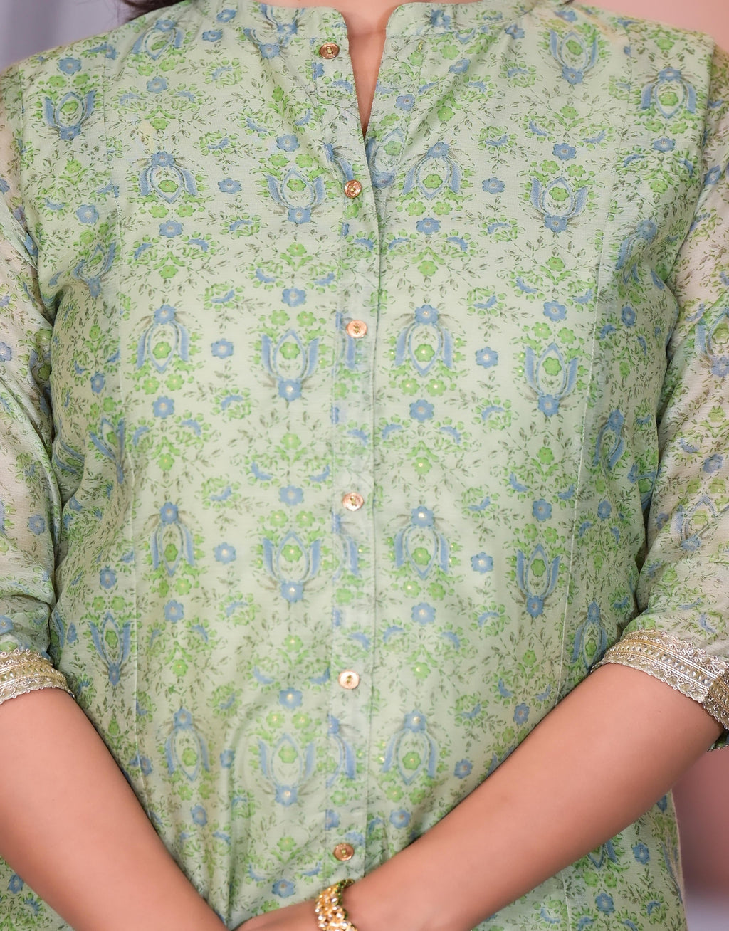 Juniper Women's Green Floral Printed Chanderi Kurta Set With Buttons & Sequins